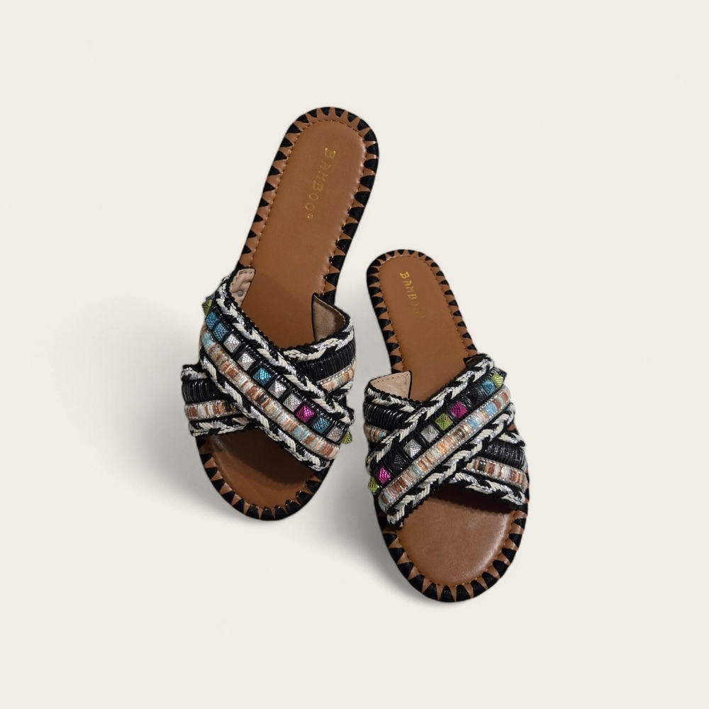 Beaded Black Multicolor Cross-Strap Slide Sandals - Women By Bamboo Size 8 NWOB.